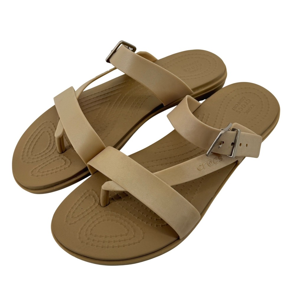Crocs Tulum Toe Post Toe Sandal Metallic Champagne Tan Women 7 Buckle New